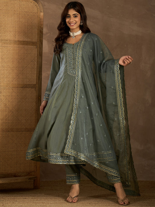 Floral Sequinned Embroidered Round Neck Kurta & Trousers With Dupatta