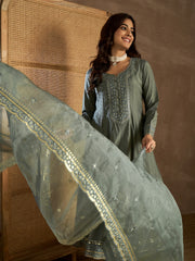 Floral Sequinned Embroidered Round Neck Kurta & Trousers With Dupatta