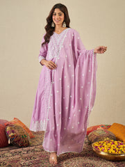 Chikankari Embroidered V-Neck Kurta & Trousers With Dupatta