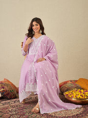 Chikankari Embroidered V-Neck Kurta & Trousers With Dupatta