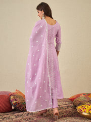 Chikankari Embroidered V-Neck Kurta & Trousers With Dupatta