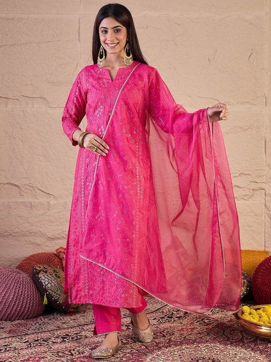 Floral Sequinned Embroidered Round Neck Kurta & Trousers With Dupatta