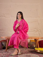 Floral Sequinned Embroidered Round Neck Kurta & Trousers With Dupatta