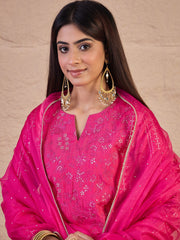 Floral Sequinned Embroidered Round Neck Kurta & Trousers With Dupatta