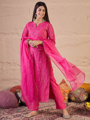 Floral Sequinned Embroidered Round Neck Kurta & Trousers With Dupatta