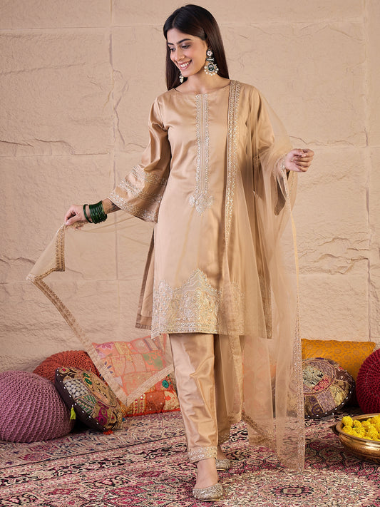 Floral Sequinned Embroidered Round Neck Kurta & Trousers With Dupatta