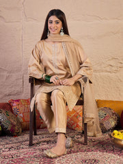 Floral Sequinned Embroidered Round Neck Kurta & Trousers With Dupatta