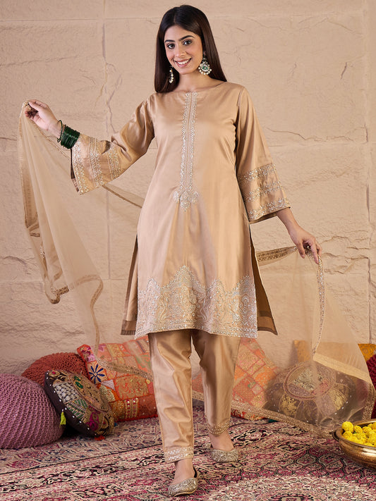 Floral Sequinned Embroidered Round Neck Kurta & Trousers With Dupatta