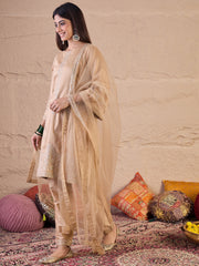 Floral Sequinned Embroidered Round Neck Kurta & Trousers With Dupatta