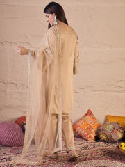Floral Sequinned Embroidered Round Neck Kurta & Trousers With Dupatta