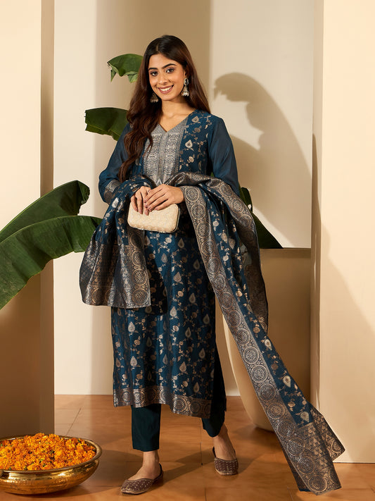 Woven Design V-Neck Kurta & Trousers With Dupatta