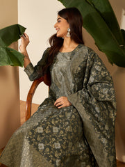Woven Design Round Neck Kurta & Trousers With Dupatta