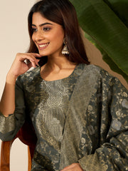 Woven Design Round Neck Kurta & Trousers With Dupatta