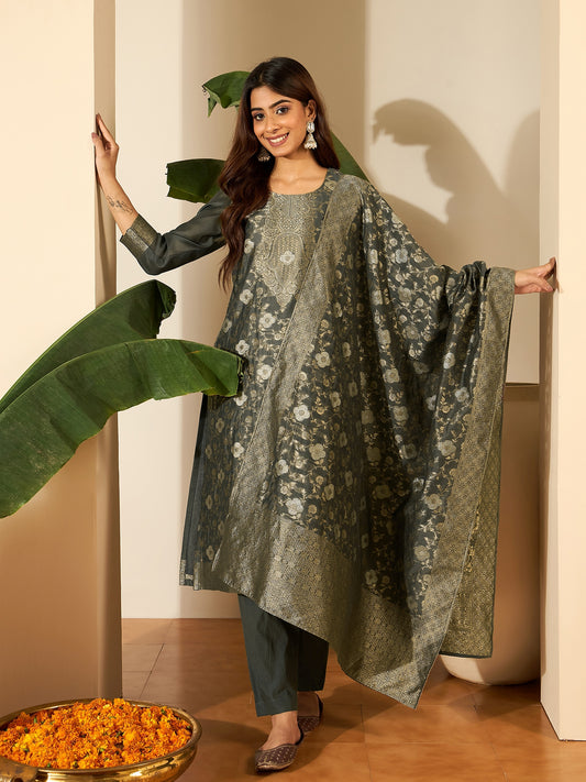 Woven Design Round Neck Kurta & Trousers With Dupatta