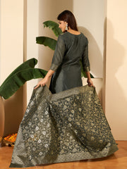 Woven Design Round Neck Kurta & Trousers With Dupatta