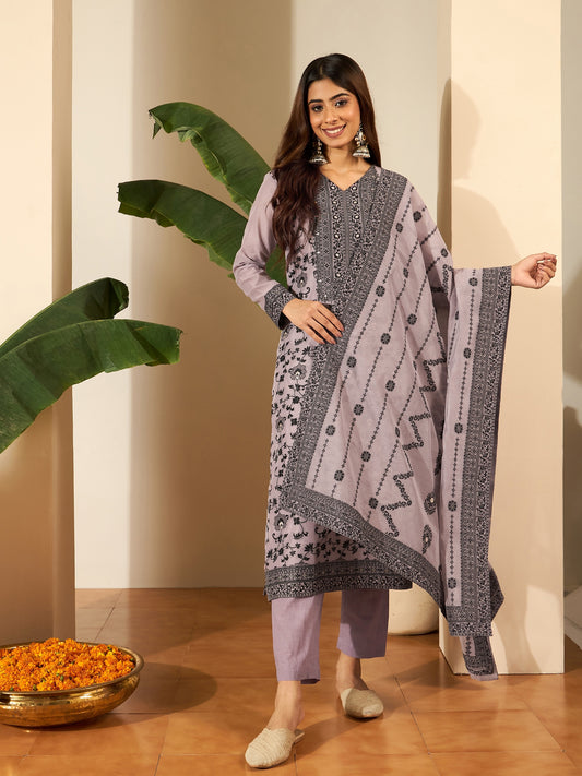 Floral Woven Design V-Neck Kurta & Trousers With Dupatta