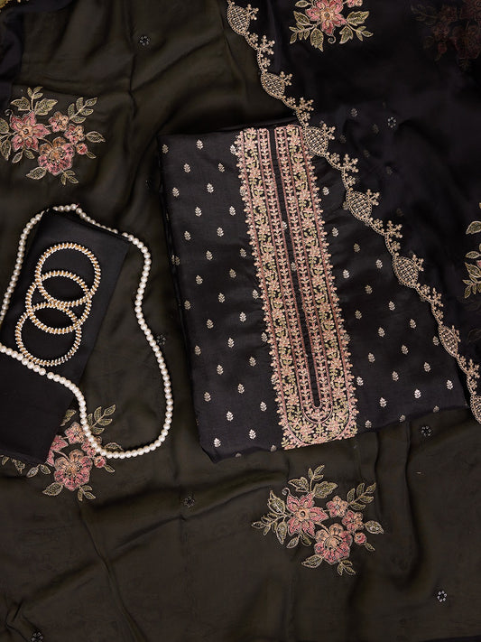 Ethnic Motifs Embroidered Zari Unstitched Dress Material