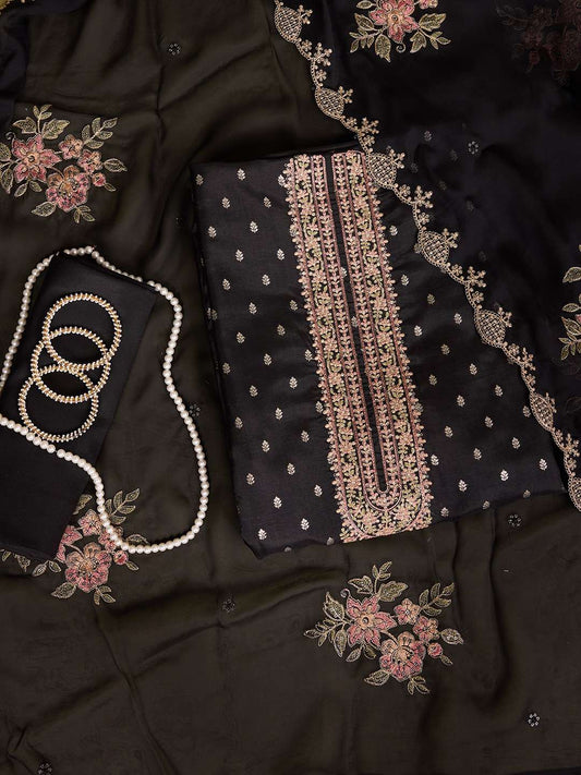 Ethnic Motifs Embroidered Zari Unstitched Dress Material