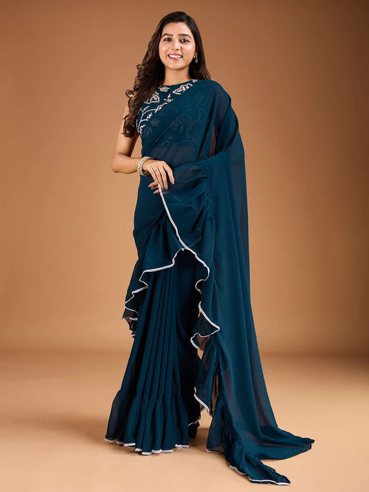 Solid Ruffle Saree with Embroidered Blouse Piece