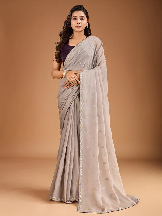 Embroidered Saree With Velvet Blouse Piece