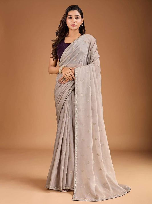 Embroidered Saree With Velvet Blouse Piece