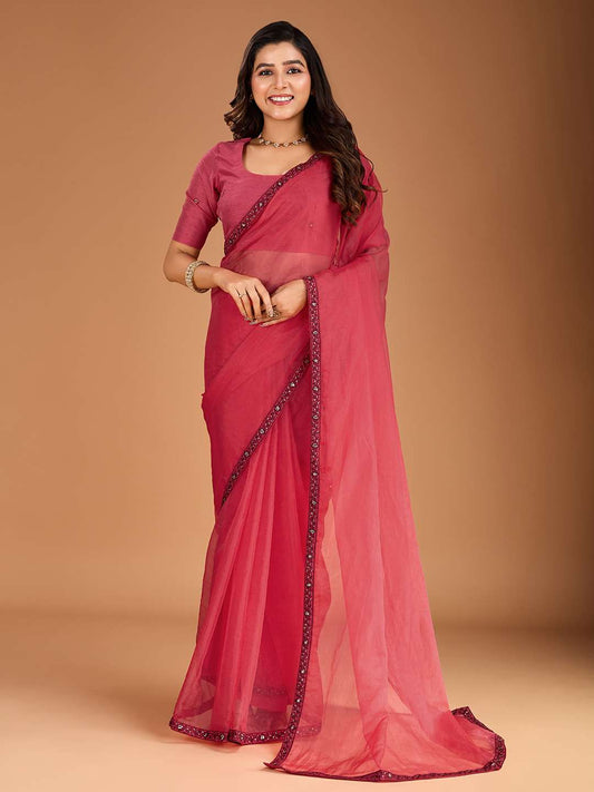 Sequinned Embroidered Saree With Blouse Piece