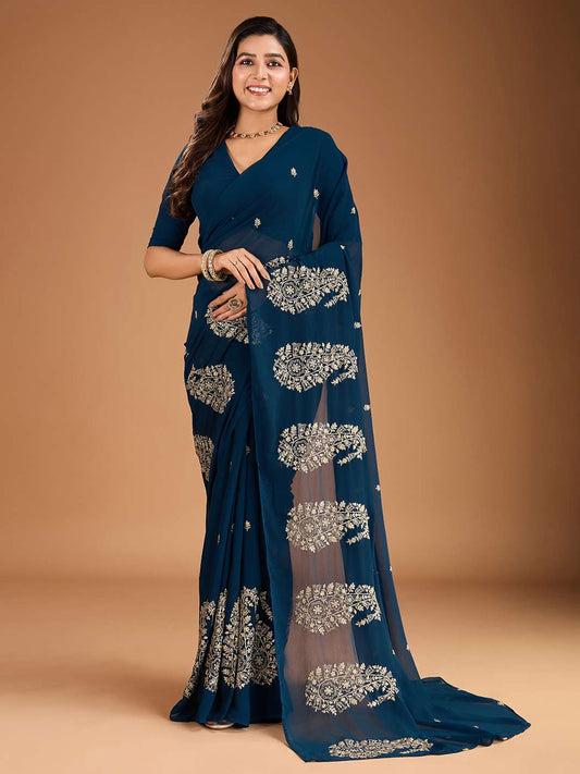 Sequinned Embroidered Saree With Blouse Piece