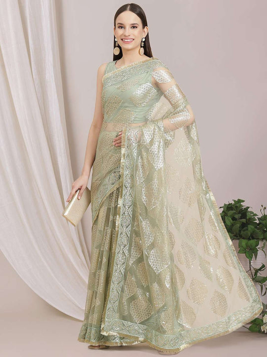 Geometric Sequinned Embroidered Saree With Blouse Piece