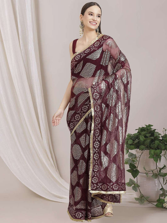 Geometric Sequinned Embroidered Saree With Blouse Piece