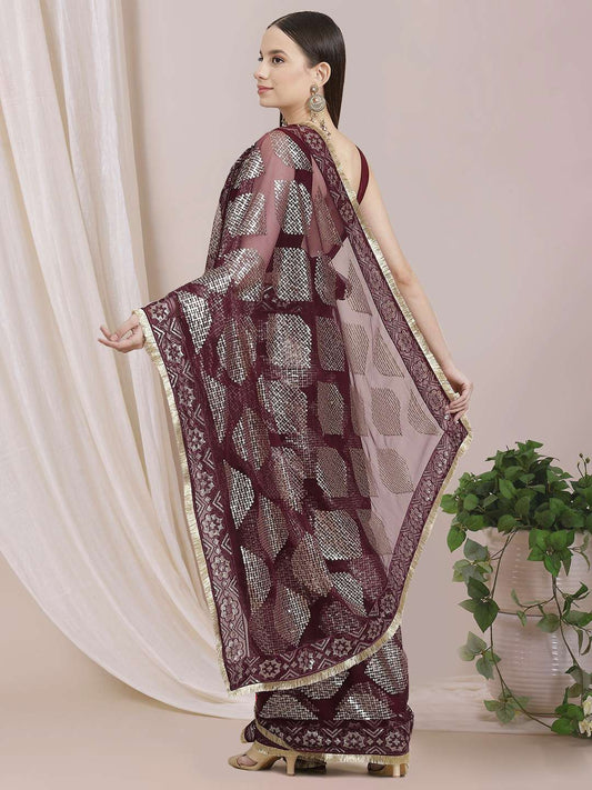 Geometric Sequinned Embroidered Saree With Blouse Piece