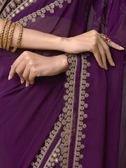 Ethnic Motif Zari & Sequinned Embroidered Saree With Blouse Piece