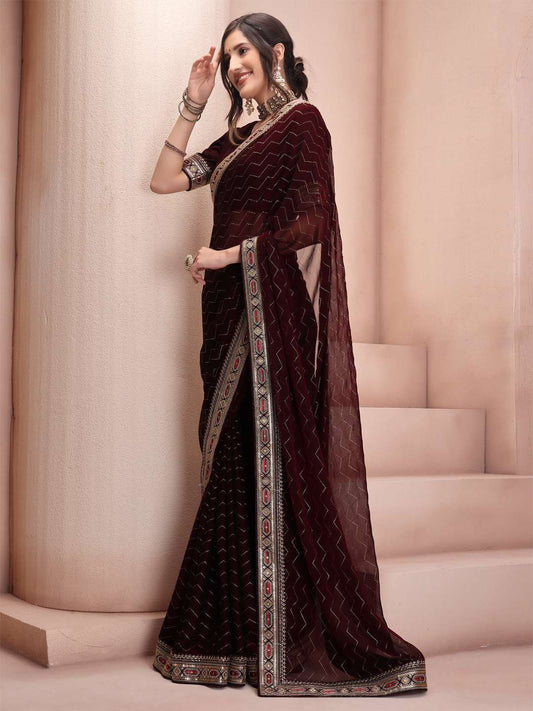 Striped Zari & Sequinned Embroidered Saree With Blouse Piece