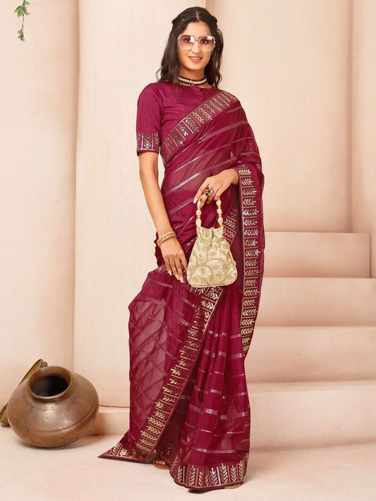 Striped Zari & Sequinned Embroidered Saree With Blouse Piece