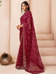 Striped Zari & Sequinned Embroidered Saree With Blouse Piece