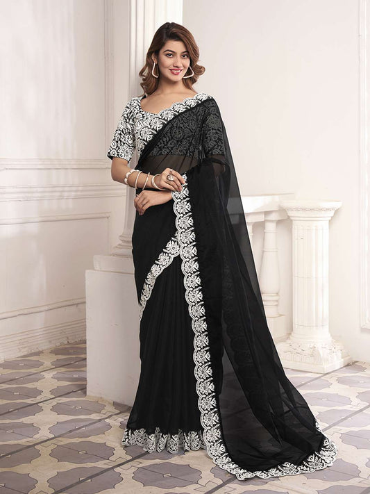 Thread Scalloped Embroidered Border Saree With Blouse Piece