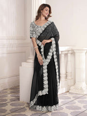Thread Scalloped Embroidered Border Saree With Blouse Piece