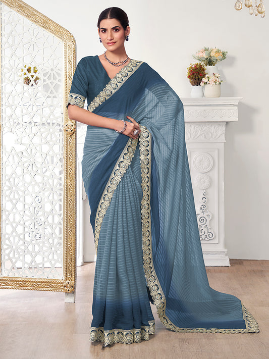 Shaded Sequinned & Zari Embroidered Broder Saree With Matching Blouse