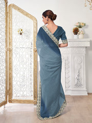 Shaded Sequinned & Zari Embroidered Broder Saree With Matching Blouse