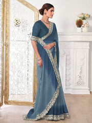 Shaded Sequinned & Zari Embroidered Broder Saree With Matching Blouse