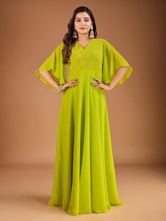 Floral Thread & Sequined Embroidered A-Line Ethnic Drees