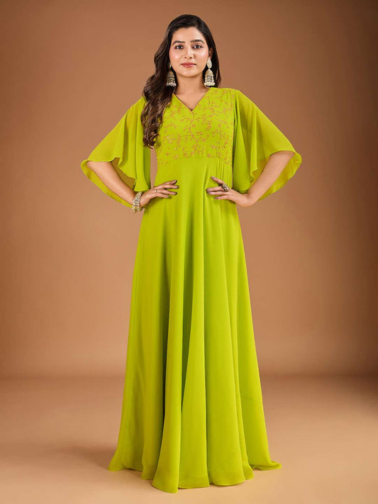 Floral Thread & Sequined Embroidered A-Line Ethnic Drees