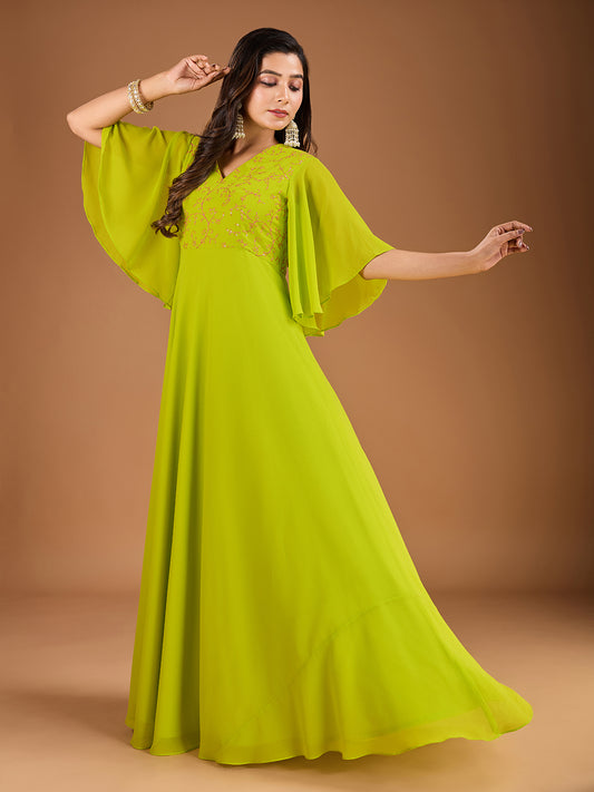 Floral Thread & Sequined Embroidered A-Line Ethnic Drees