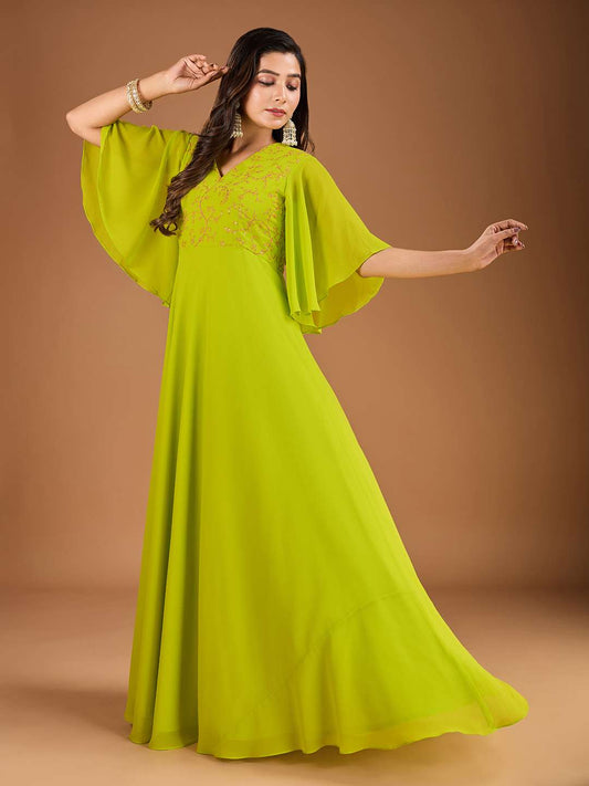 Floral Thread & Sequined Embroidered A-Line Ethnic Drees