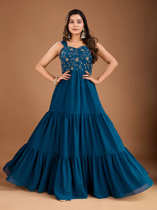 Sequinned Embroidered Sweetheart Neck Maxi Ethnic Drees
