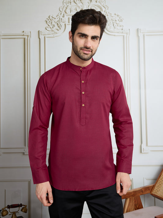 Men Mandarin Collar Roll Up Sleeves Short Kurta