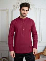 Men Mandarin Collar Roll Up Sleeves Short Kurta