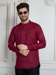 Men Mandarin Collar Roll Up Sleeves Short Kurta