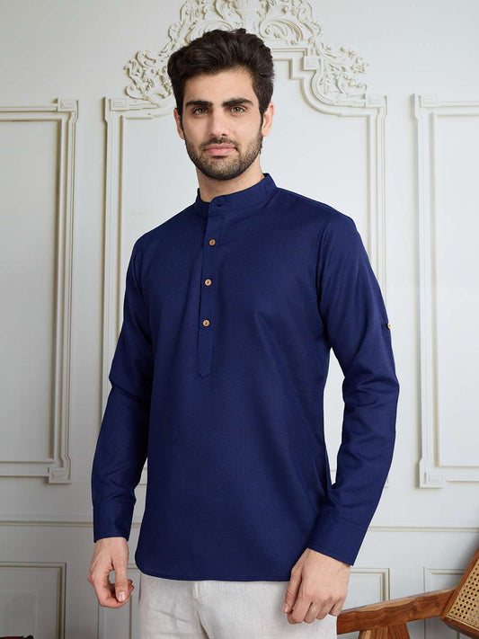 Men Solid Mandarin Collar Roll Up Sleeves Short Kurta