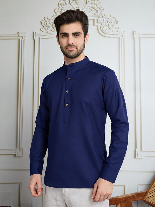 Men Solid Mandarin Collar Roll Up Sleeves Short Kurta