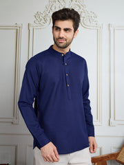 Men Solid Mandarin Collar Roll Up Sleeves Short Kurta